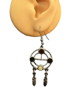 Dreamcatcher Dangle Earrings Feather Shaped Charms Silver Tone Enamel Womens